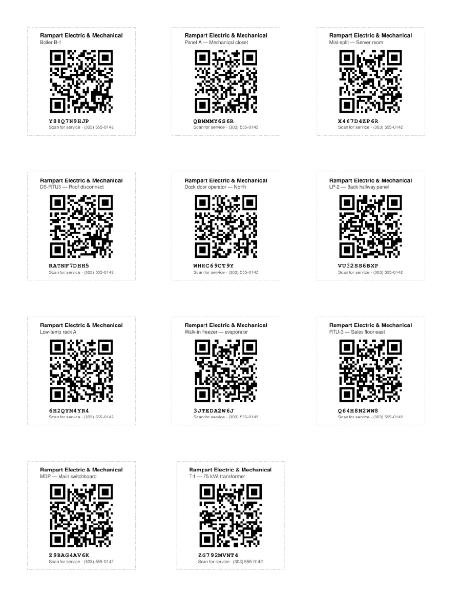 A printable ProTag label sheet: twelve two-inch square labels on US Letter, each with the contractor name, equipment name, QR code, tag ID and dispatch number, with dashed cut guides.