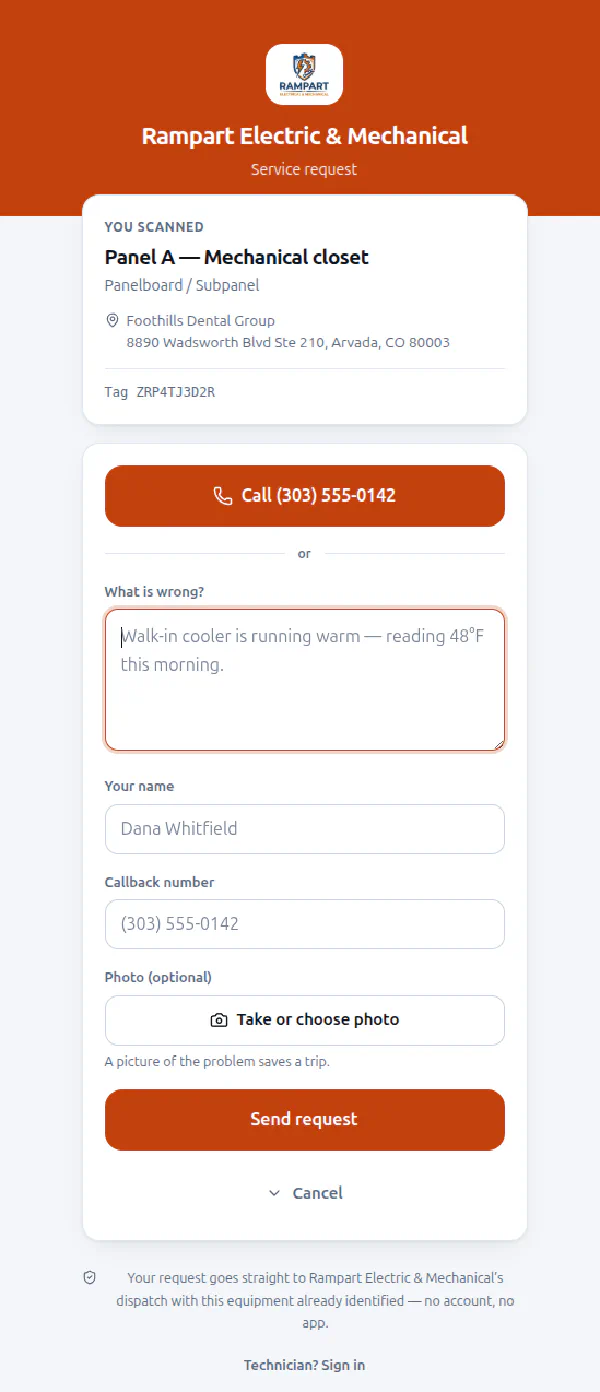 The ProTag customer request page on a phone, branded with the Rampart Electric and Mechanical logo and colors, showing the scanned panel and its site address, a call button, and a short service request form with an optional photo.