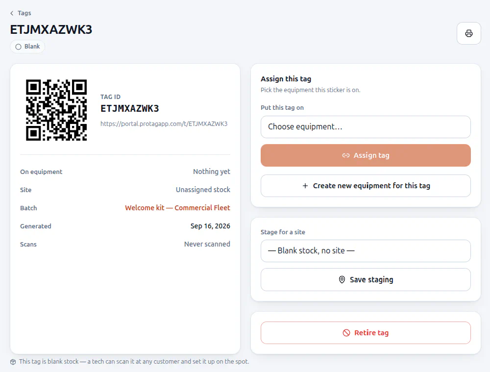 A blank tag's page showing its QR code and tag ID, with options to assign it to existing equipment or create new equipment for it.