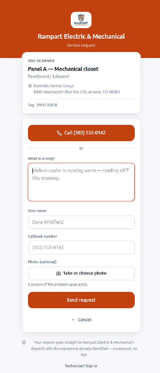 The customer request page on a phone, branded for Rampart Electric and Mechanical, showing the scanned panel and site address, a call button, and a short service request form.