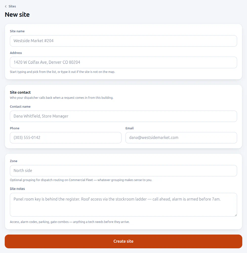 The New site form with fields for site name, address, site contact name, phone and email, an optional zone, and site notes.