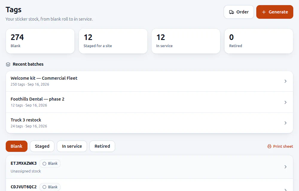 The Tags page showing 274 blank, 12 staged for a site, 12 in service and 0 retired, with recent batches and Order and Generate buttons.