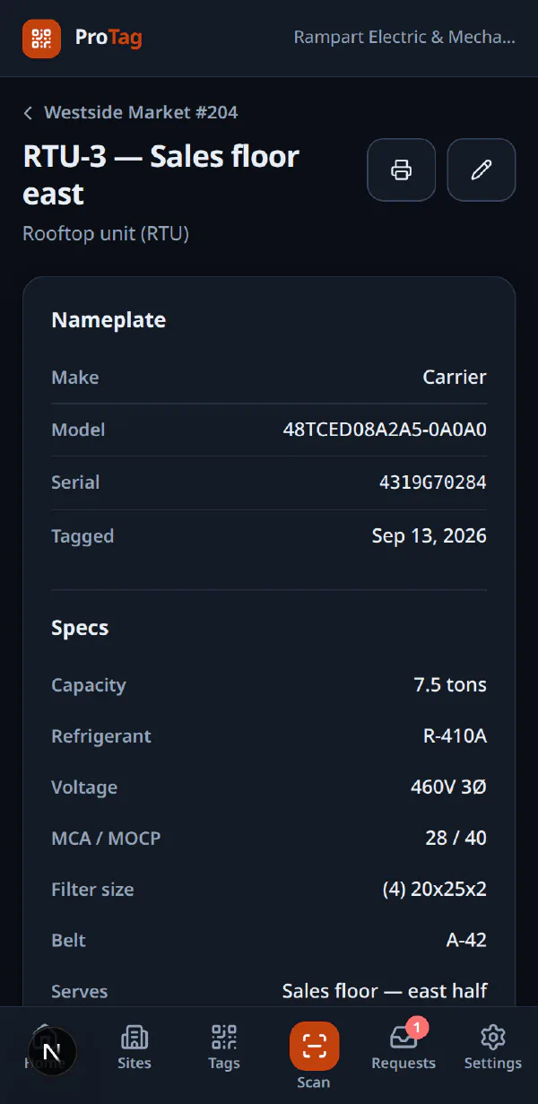 The ProTag technician view on a phone in dark mode, showing rooftop unit RTU-3 with its nameplate, specs, feed chain and service history.